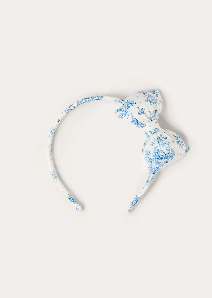 Audrey Toile Medium Bow Hairband in Blue Hair Accessories from Pepa London