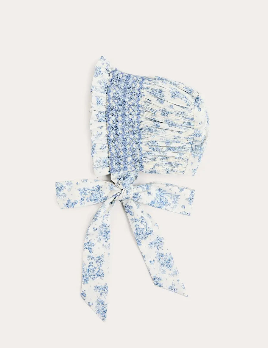 Audrey Toile Hand Smocked Bonnet in Blue (XS-L) BONNETS from Pepa London