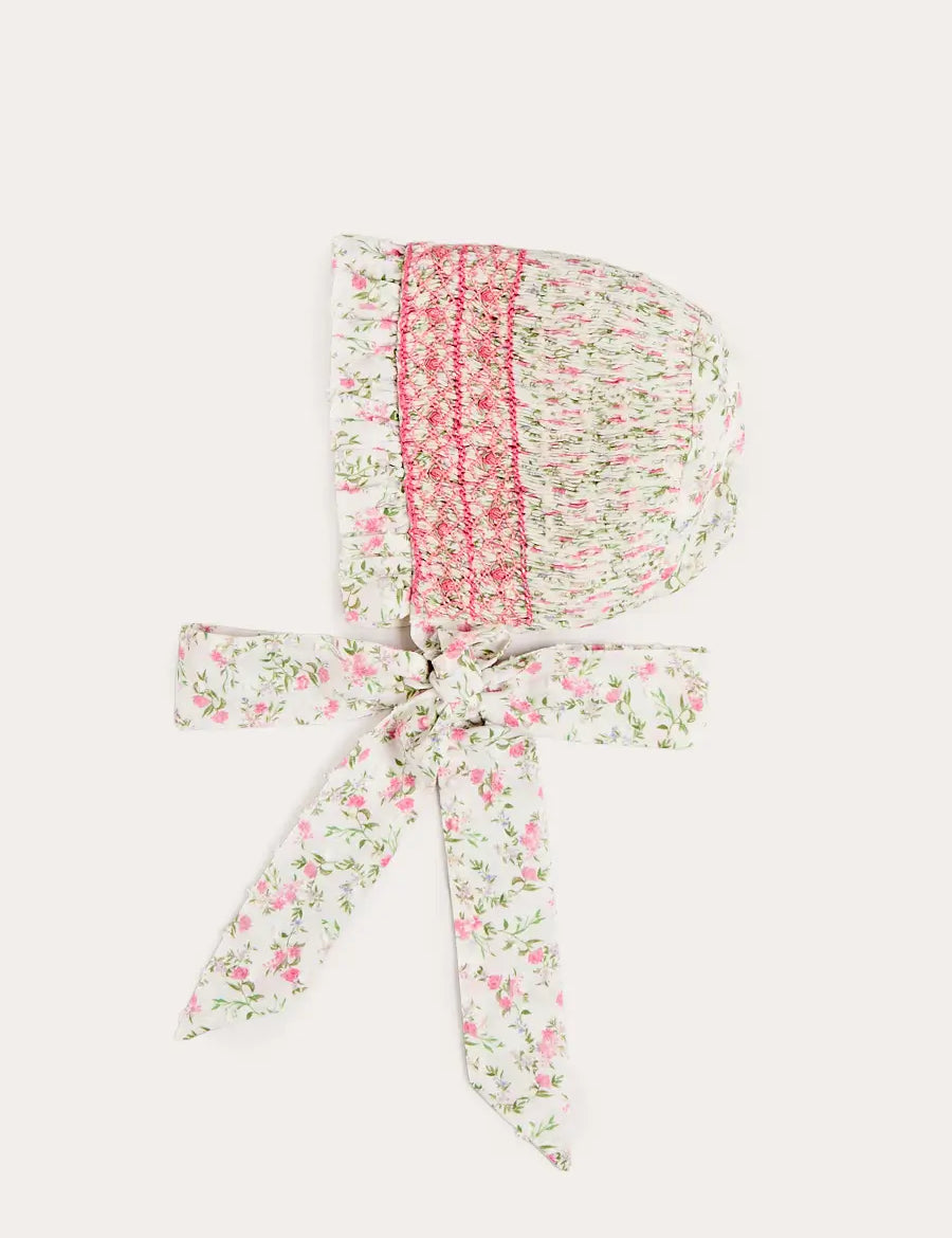 Alice Floral Hand Smocked Bonnet in Pink (XS-L) Bonnets from Pepa London
