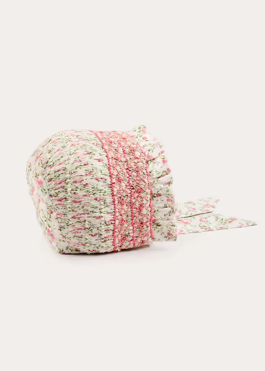 Alice Floral Hand Smocked Bonnet in Pink (XS-L) Bonnets from Pepa London
