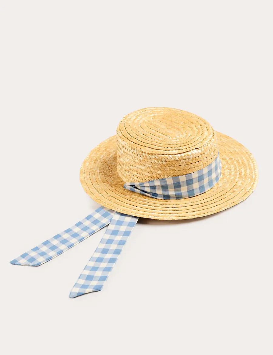 Darby Gingham Straw Boater Hat in Blue (M-L) Accessories from Pepa London
