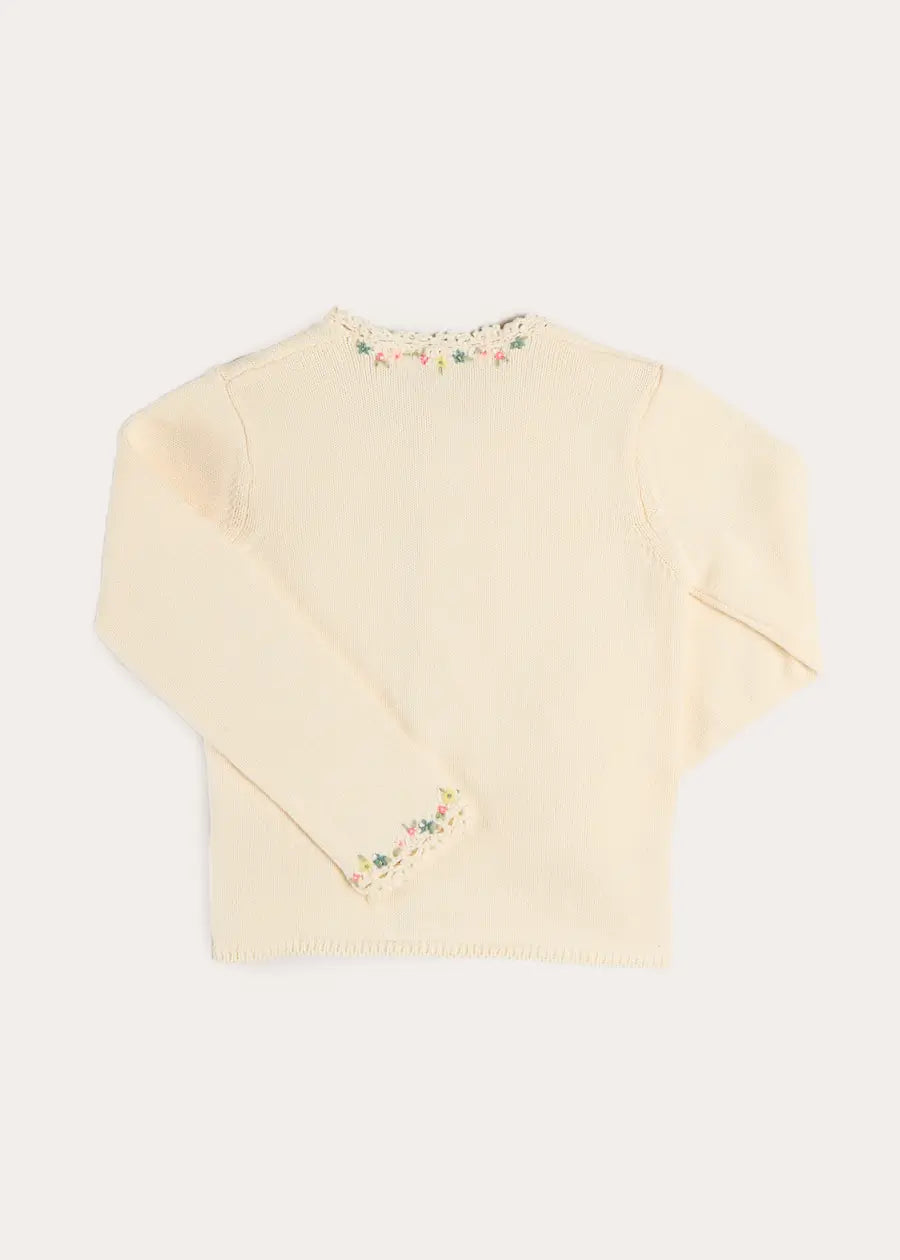 Wildflower Embroidered Openwork Detail Cotton Cardigan in Cream (18mths- 10yrs) Knitwear from Pepa London