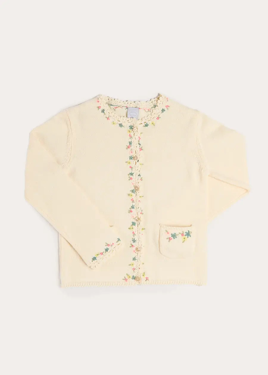Wildflower Embroidered Openwork Detail Cotton Cardigan in Cream (18mths- 10yrs) Knitwear from Pepa London