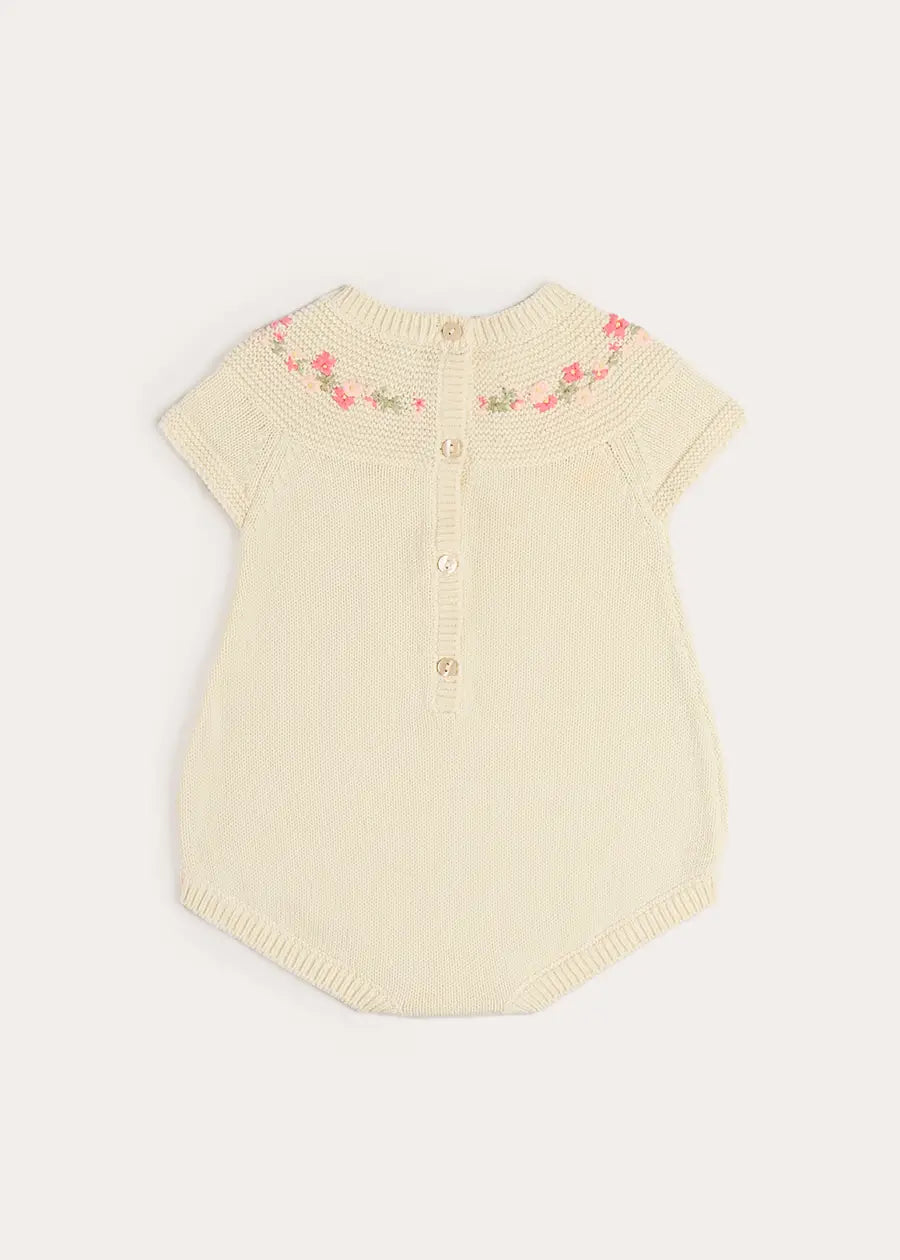 Wildflower Embroidered Knitted Romper in Cream (1-9mths) Rompers from Pepa London