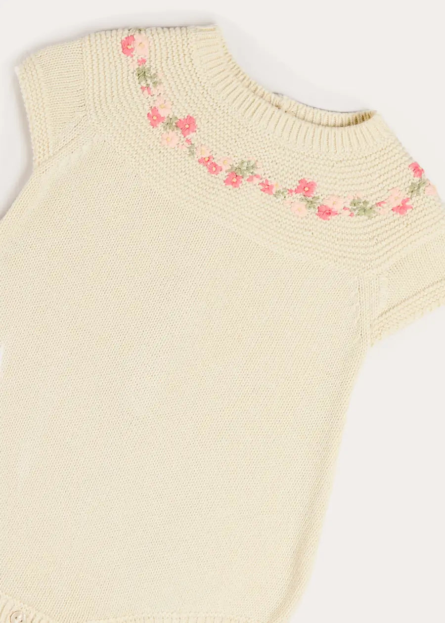 Wildflower Embroidered Knitted Romper in Cream (1-9mths) Rompers from Pepa London