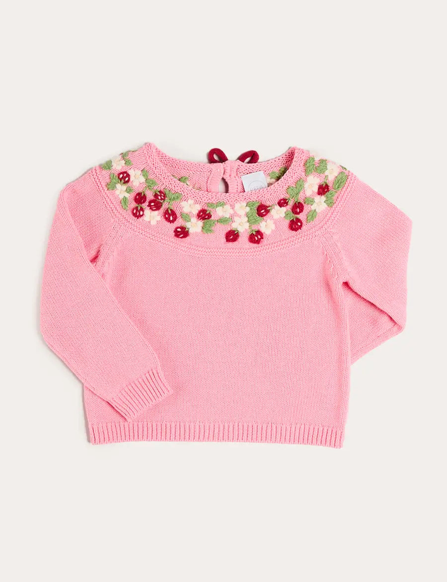 Strawberry Embroidered Jumper in Pink (12mths-6yrs) Knitwear from Pepa London