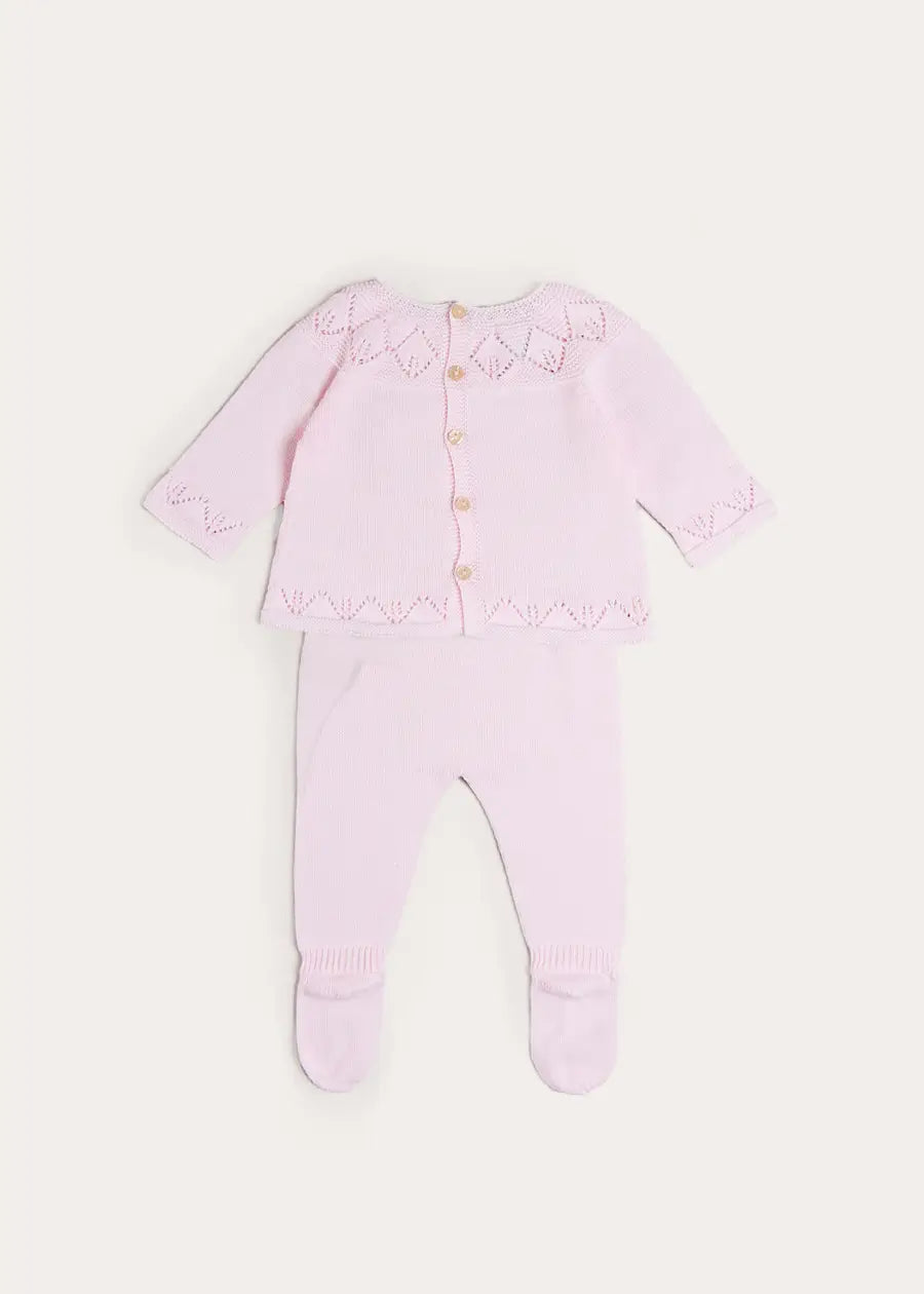 Diamond Openwork Three Piece Knitted Set in Baby Pink (1-9mths) Knitwear from Pepa London