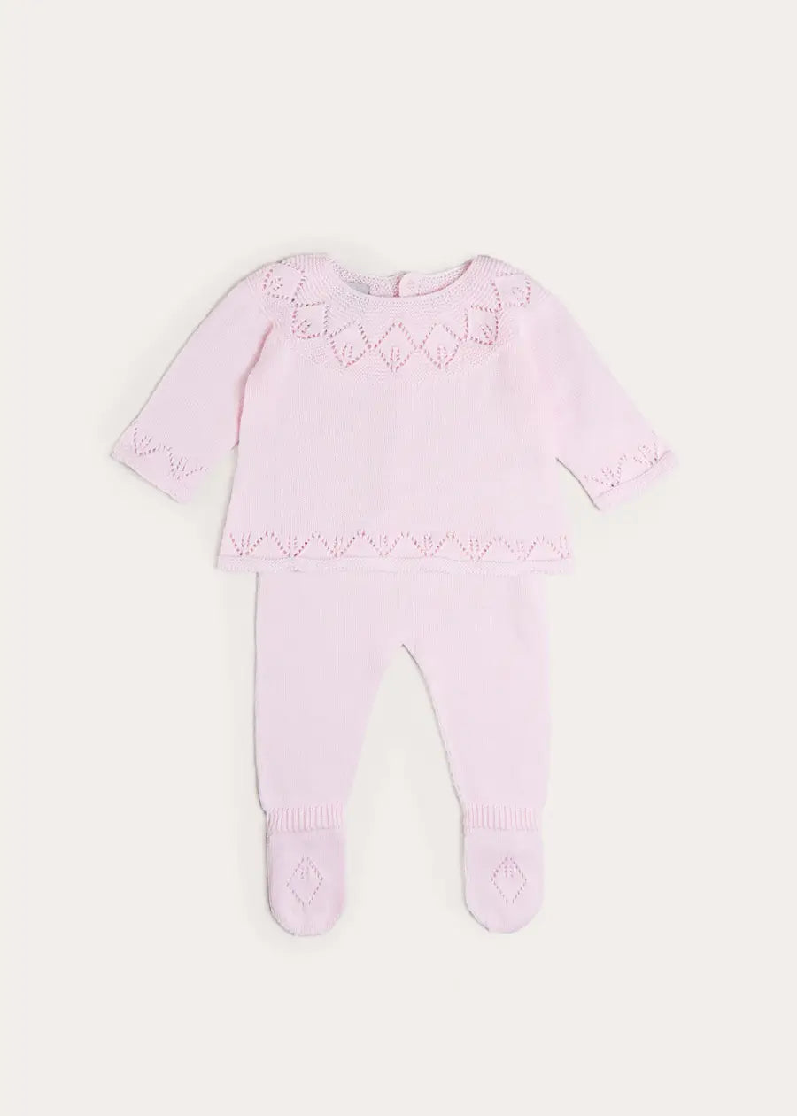 Diamond Openwork Three Piece Knitted Set in Baby Pink (1-9mths) Knitwear from Pepa London