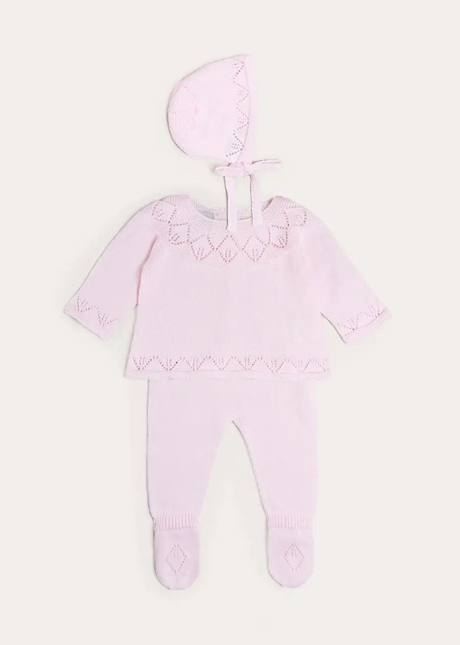 Diamond Openwork Three Piece Knitted Set in Baby Pink (1-9mths) Knitwear from Pepa London
