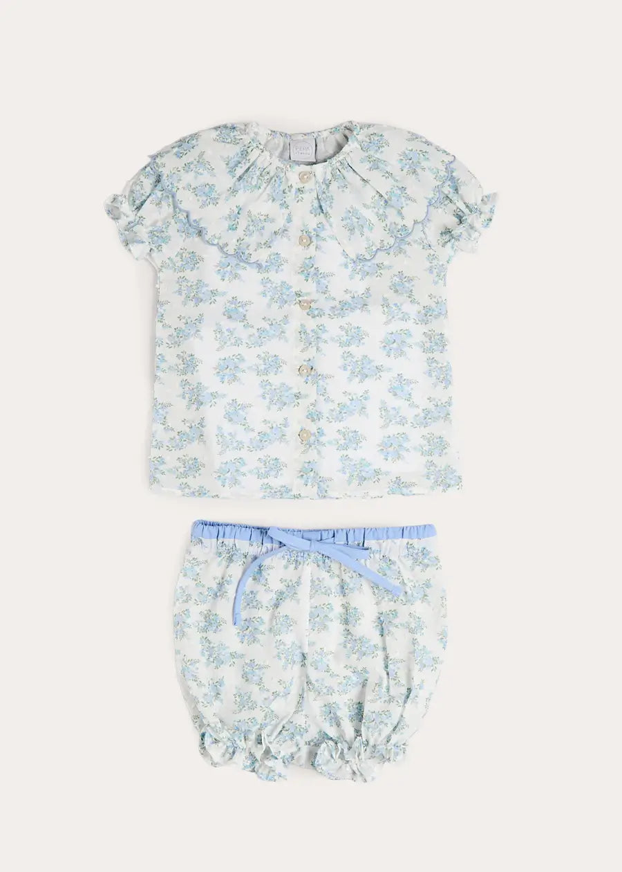 Esme Floral Swiss Voile Scallop Collar Pyjamas in Blue (18mths- 10yrs) Nightwear from Pepa London
