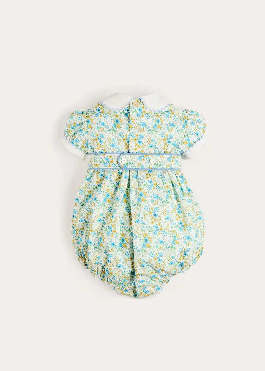Louisa Floral Hand Smocked Short Sleeve Romper in Blue (3mths-2yrs) Rompers from Pepa London