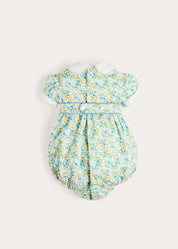 Louisa Floral Hand Smocked Short Sleeve Romper in Blue (3mths-2yrs) Rompers from Pepa London