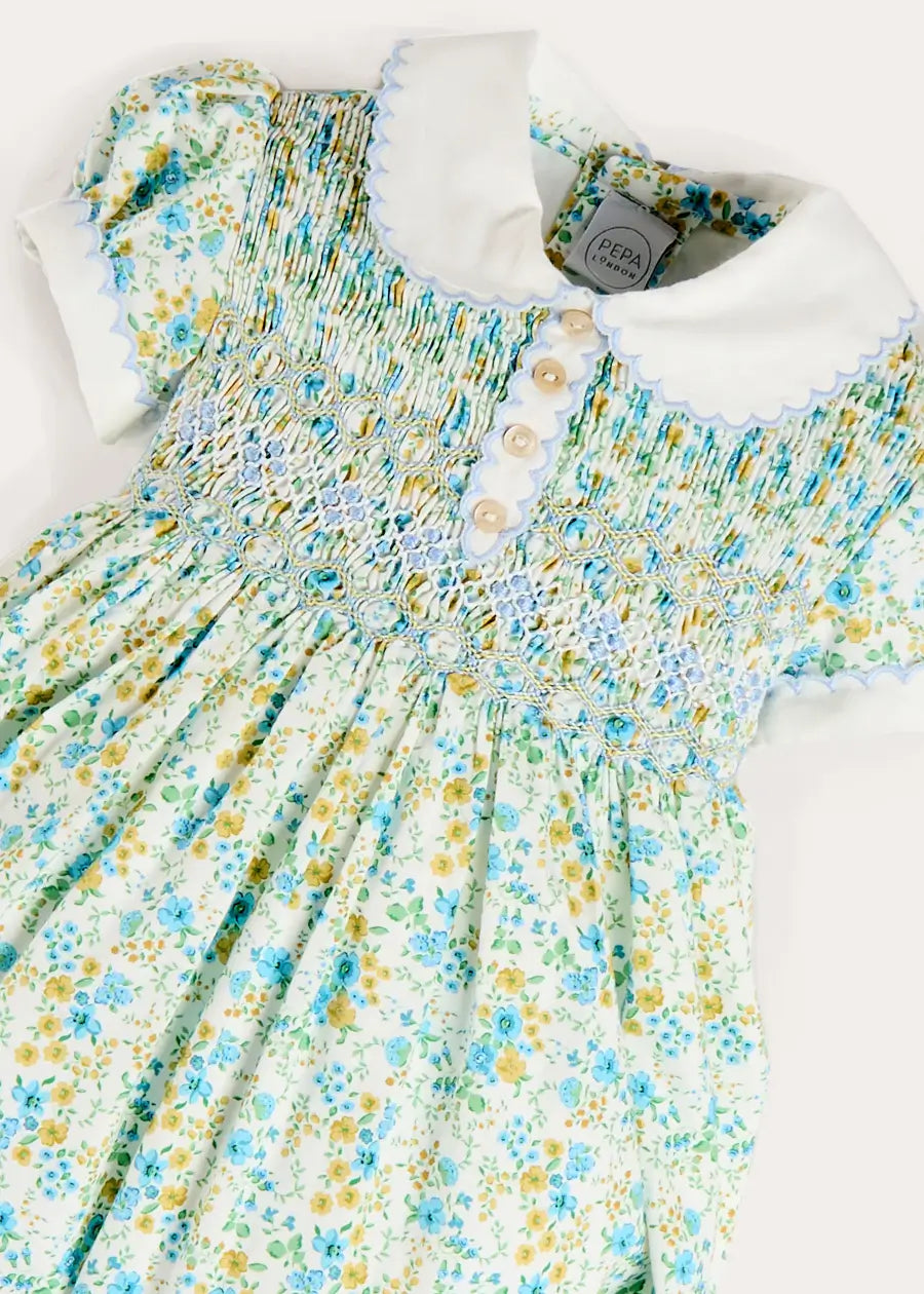 Louisa Floral Hand Smocked Short Sleeve Romper in Blue (3mths-2yrs) Rompers from Pepa London