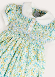 Louisa Floral Hand Smocked Short Sleeve Romper in Blue (3mths-2yrs) Rompers from Pepa London