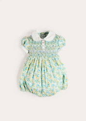 Louisa Floral Hand Smocked Short Sleeve Romper in Blue (3mths-2yrs) Rompers from Pepa London
