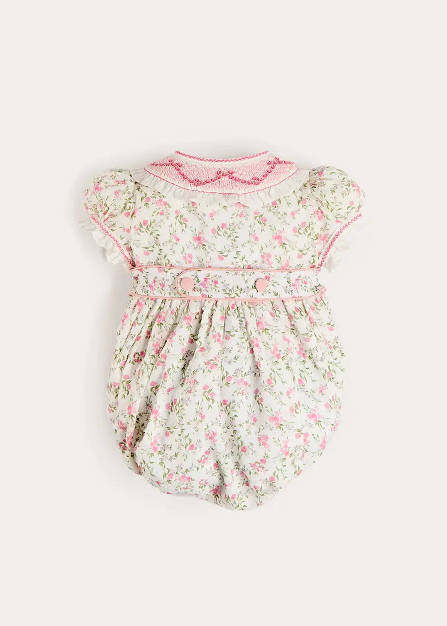Alice Floral Double Breasted Hand Smocked Romper in Pink (6mths-2yrs) Rompers from Pepa London
