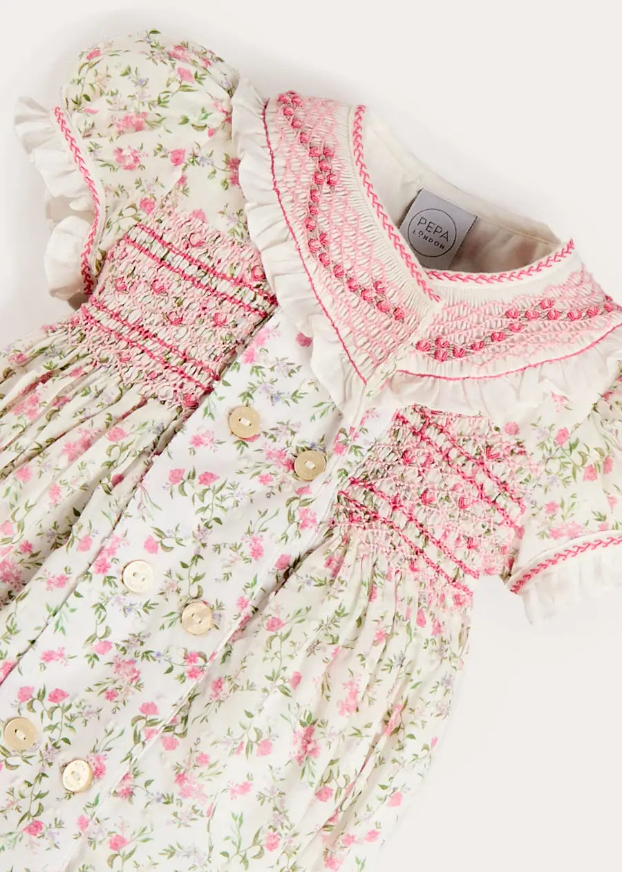 Alice Floral Double Breasted Hand Smocked Romper in Pink (6mths-2yrs) Rompers from Pepa London