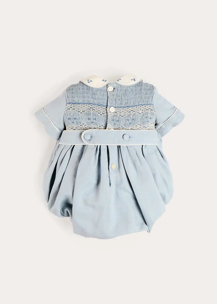 Hand Smocked Peter Pan Collar Short Sleeve Romper in Sky Blue (3mths-2yrs) Rompers from Pepa London