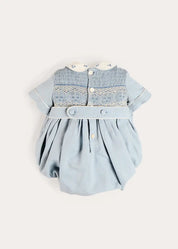 Hand Smocked Peter Pan Collar Short Sleeve Romper in Sky Blue (3mths-2yrs) Rompers from Pepa London