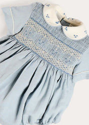 Hand Smocked Peter Pan Collar Short Sleeve Romper in Sky Blue (3mths-2yrs) Rompers from Pepa London