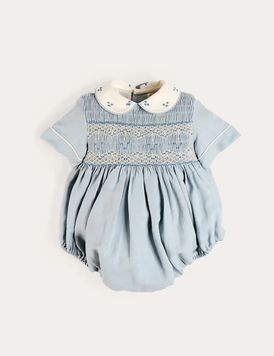 Hand Smocked Peter Pan Collar Short Sleeve Romper in Sky Blue (3mths-2yrs) Rompers from Pepa London