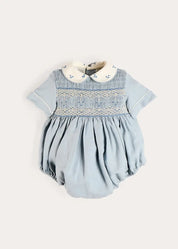 Hand Smocked Peter Pan Collar Short Sleeve Romper in Sky Blue (3mths-2yrs) Rompers from Pepa London