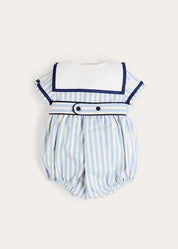 Regency Stripe Mariner Collar Bow Detail Romper in Blue (6mths-2yrs) Rompers from Pepa London