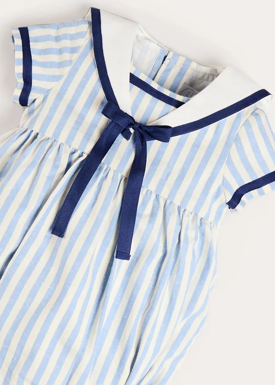 Regency Stripe Mariner Collar Bow Detail Romper in Blue (6mths-2yrs) Rompers from Pepa London