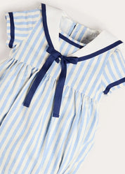 Regency Stripe Mariner Collar Bow Detail Romper in Blue (6mths-2yrs) Rompers from Pepa London