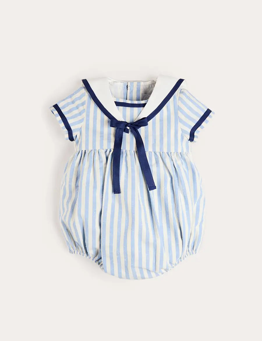 Regency Stripe Mariner Collar Bow Detail Romper in Blue (6mths-2yrs) ROMPERS from Pepa London