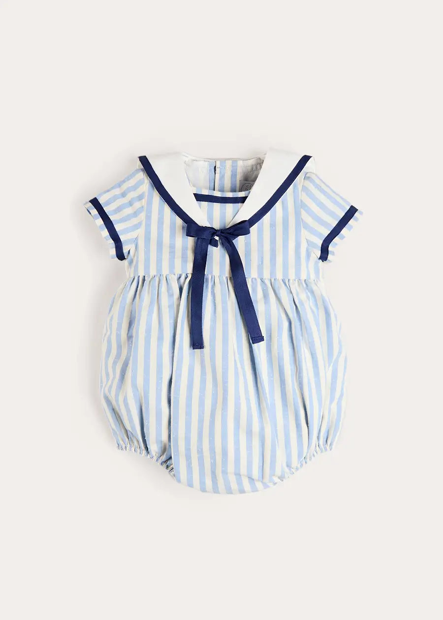 Regency Stripe Mariner Collar Bow Detail Romper in Blue (6mths-2yrs) Rompers from Pepa London