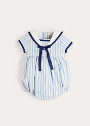 Regency Stripe Mariner Collar Bow Detail Romper in Blue (6mths-2yrs) Rompers from Pepa London