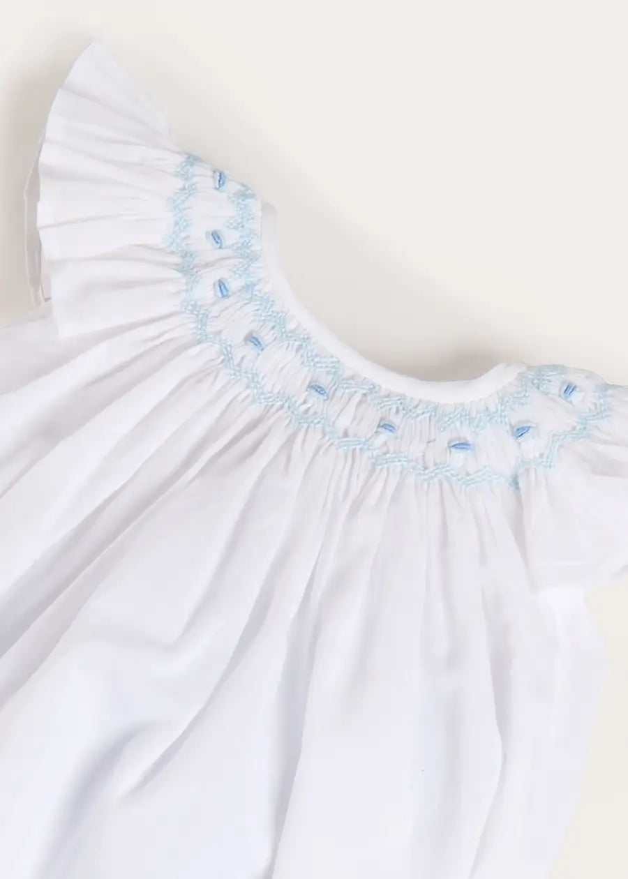 Hand Smocked Romper in Blue (3-18mths) Rompers from Pepa London