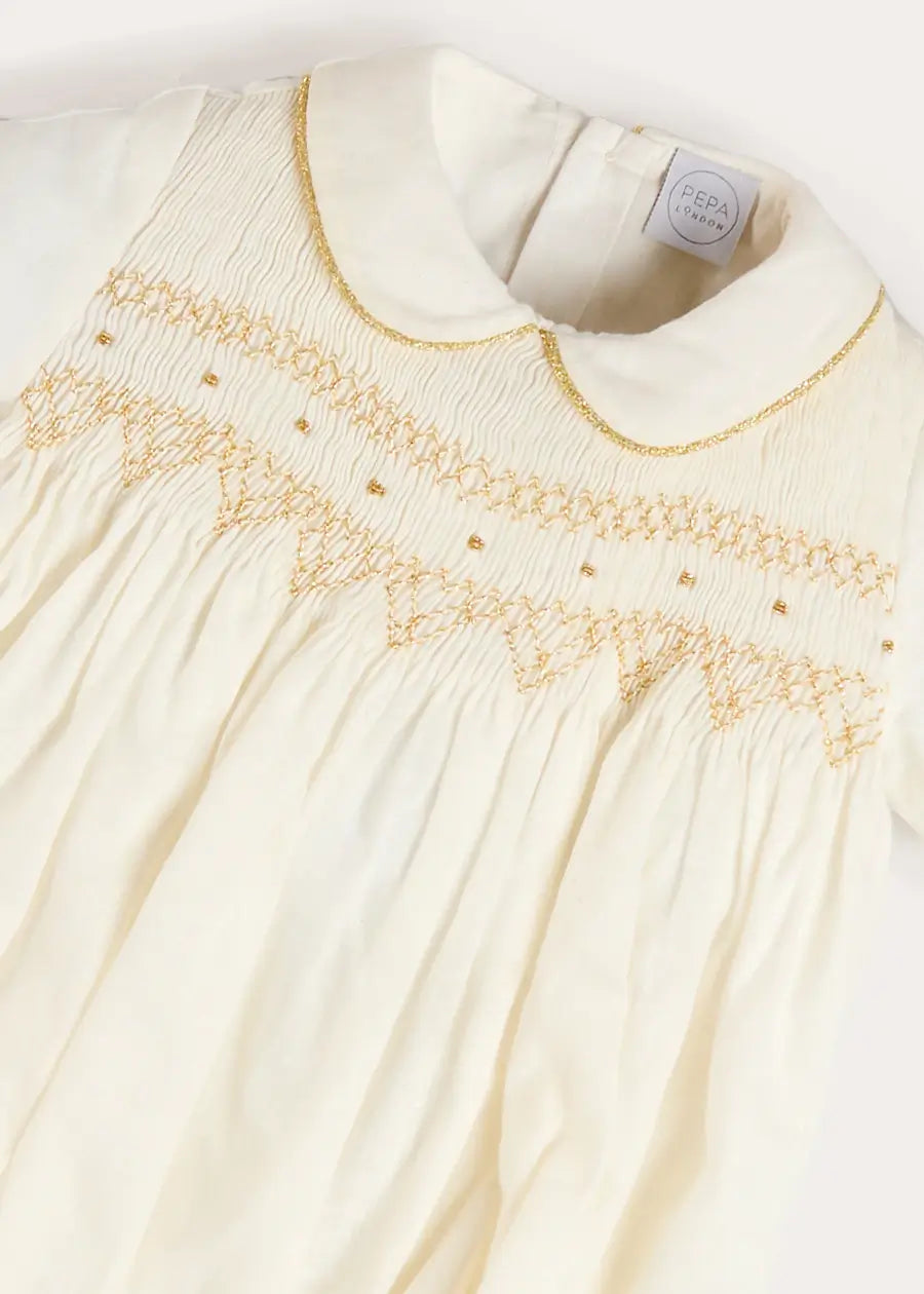 Hand Smocked Gold Embroidered Short Sleeve Romper in Ivory (3mths-2yrs) Rompers from Pepa London
