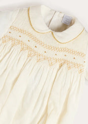 Hand Smocked Gold Embroidered Short Sleeve Romper in Ivory (3mths-2yrs) Rompers from Pepa London