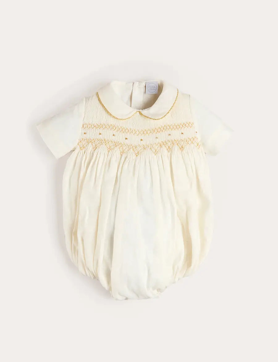 Hand Smocked Gold Embroidered Short Sleeve Romper in Ivory (3mths-2yrs) Rompers from Pepa London