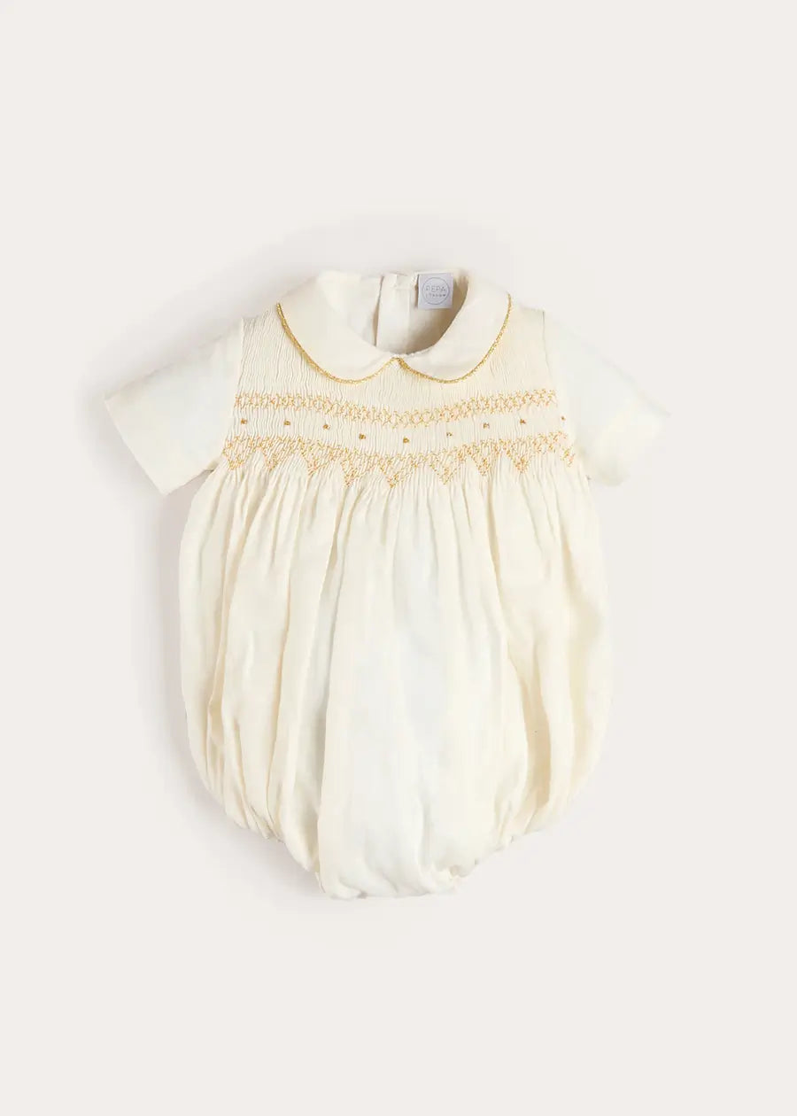Hand Smocked Gold Embroidered Short Sleeve Romper in Ivory (3mths-2yrs) Rompers from Pepa London