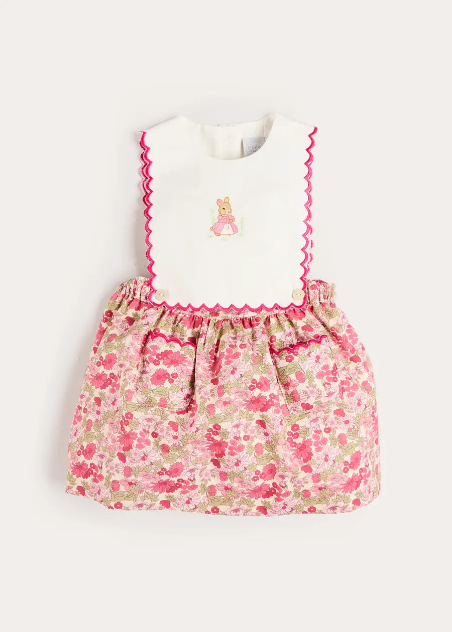 Margret Floral Bunny Embroidered Scallop Detail Pinafore Skirt in Pink (18mths-6yrs) Skirts from Pepa London