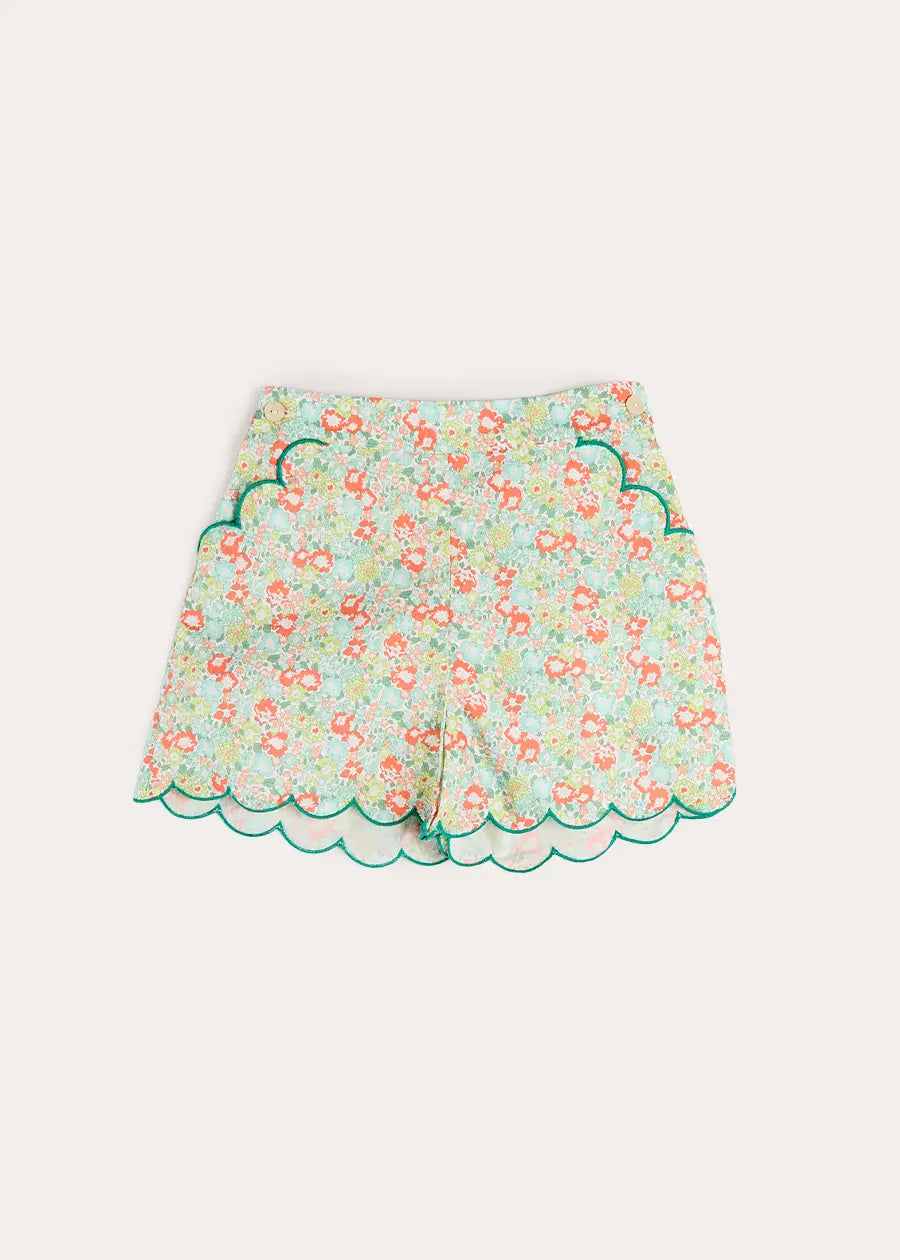 Mabel Floral Scallop Edge High Waisted Shorts in Green (2-12yrs) Shorts from Pepa London
