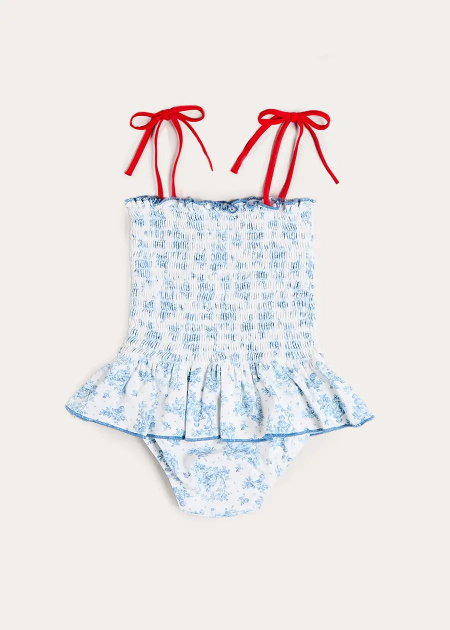Audrey Toile Smocked Detail Swimsuit in Blue (12mths- 10yrs) Swimwear from Pepa London