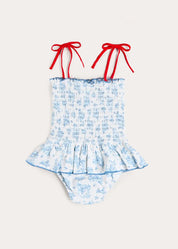 Audrey Toile Smocked Detail Swimsuit in Blue (12mths- 10yrs) Swimwear from Pepa London