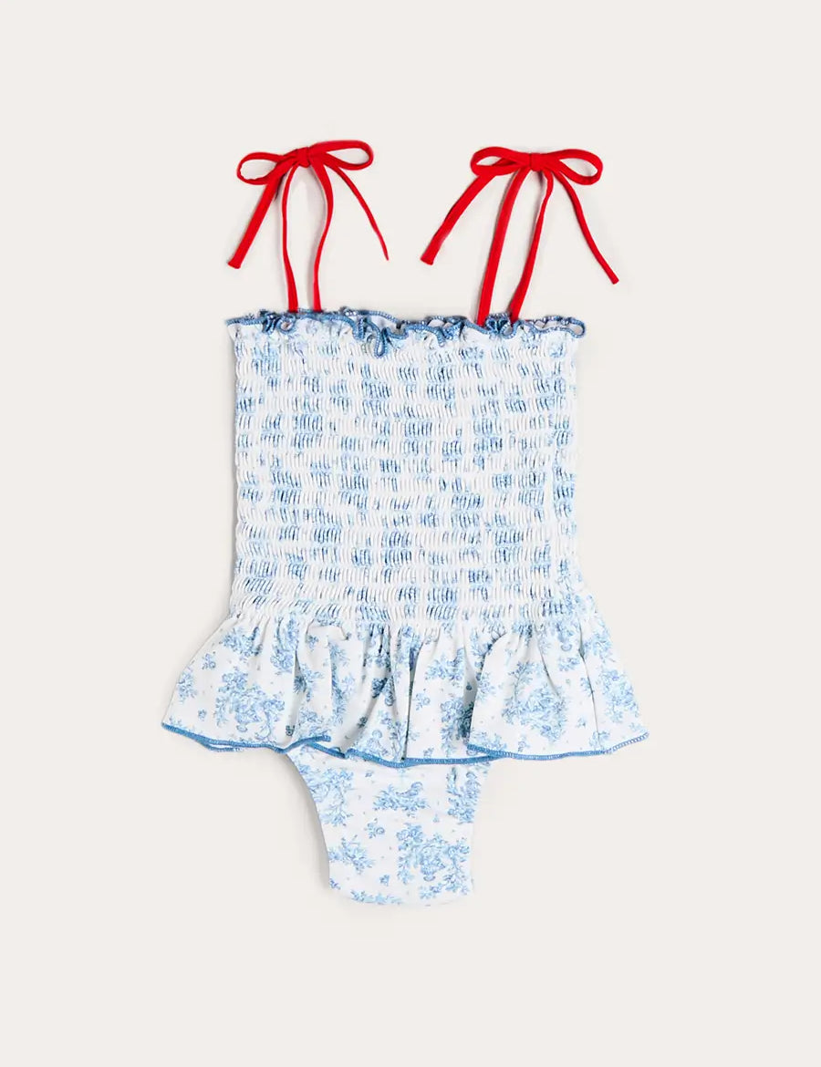 Audrey Toile Smocked Detail Swimsuit in Blue (12mths- 10yrs) SWIMWEAR from Pepa London