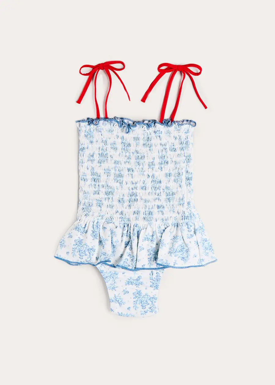 Audrey Toile Smocked Detail Swimsuit in Blue (12mths- 10yrs) Swimwear from Pepa London