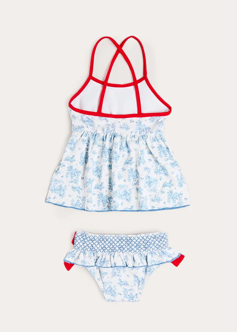 Audrey Toile Bow Detail Smocked Two Piece Swimsuit in Blue (12mths- 10yrs) Swimwear from Pepa London