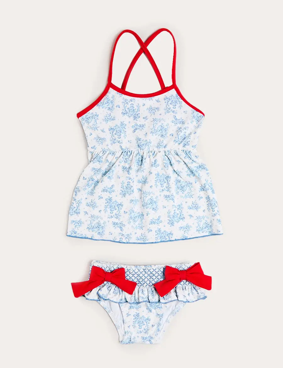 Audrey Toile Bow Detail Smocked Two Piece Swimsuit in Blue (12mths- 10yrs) SWIMWEAR from Pepa London