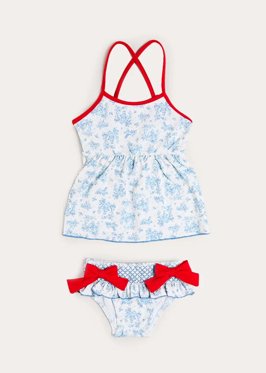 Audrey Toile Bow Detail Smocked Two Piece Swimsuit in Blue (12mths- 10yrs) Swimwear from Pepa London