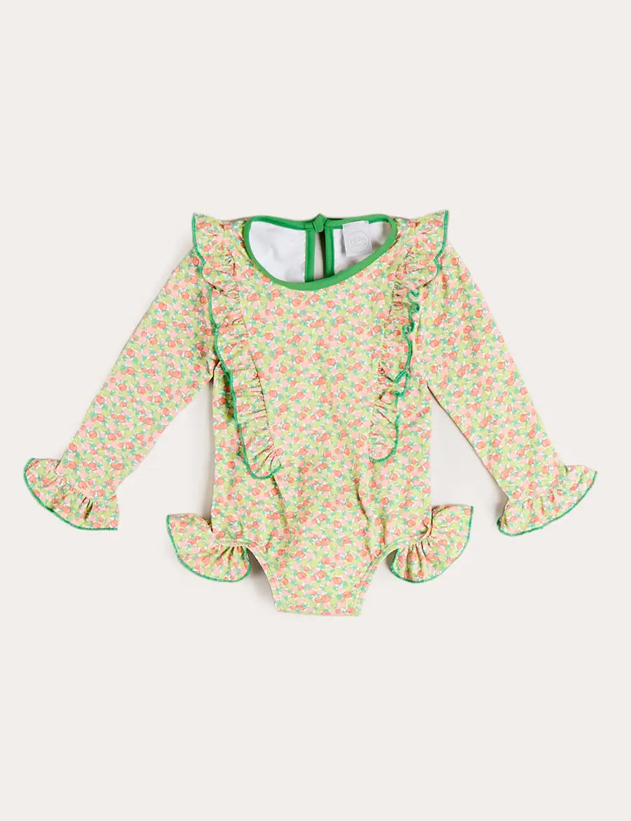 Annie Apple Print Ruffle Detail Long Sleeve Swimsuit in Green (12mths- 10yrs) SWIMWEAR from Pepa London