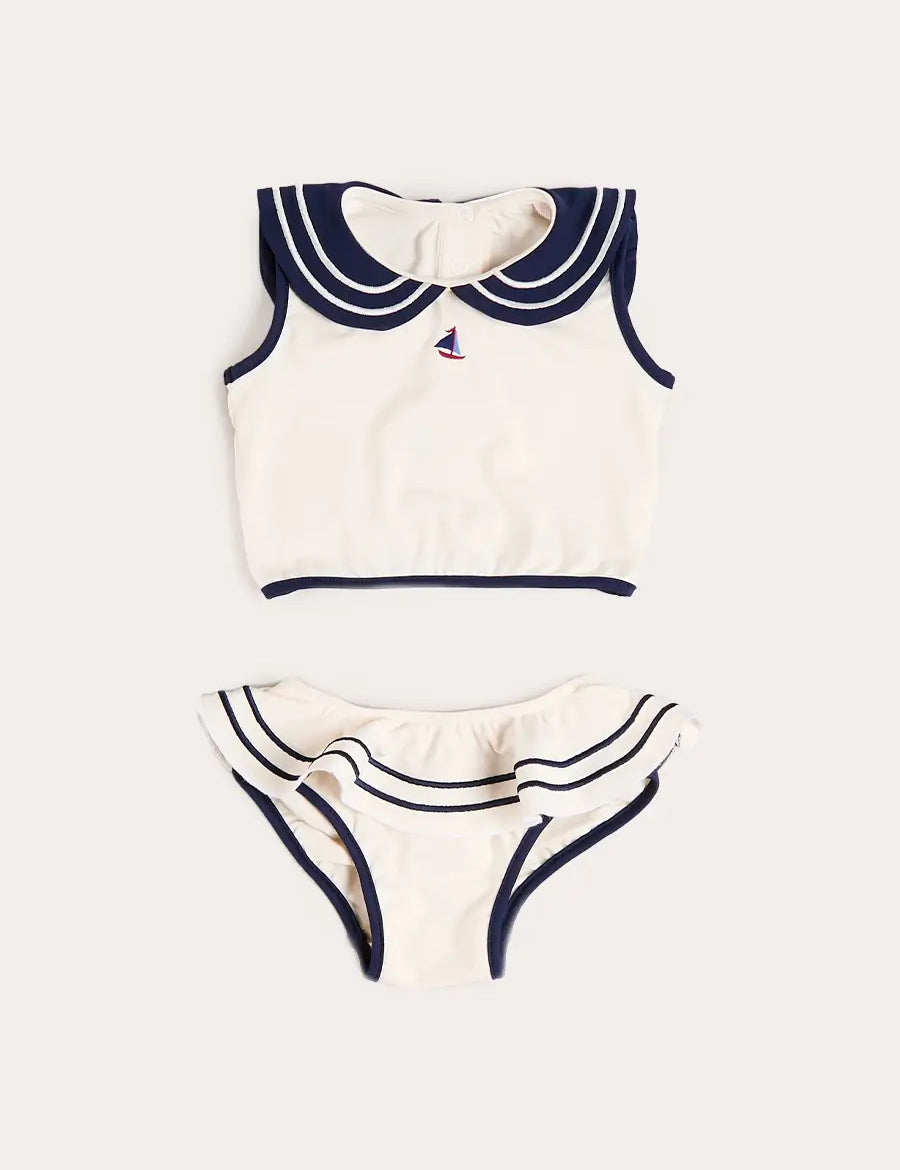 Mariner Collar Embroidered Boat Motif Two Piece Swimsuit in White (12mths- 10yrs) SWIMWEAR from Pepa London