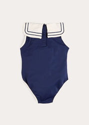 Mariner Collar Embroidered Boat Motif Swimsuit in Navy (12mths-10yrs) Swimwear from Pepa London