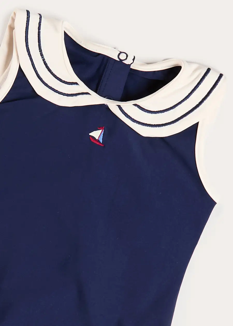 Mariner Collar Embroidered Boat Motif Swimsuit in Navy (12mths-10yrs) Swimwear from Pepa London
